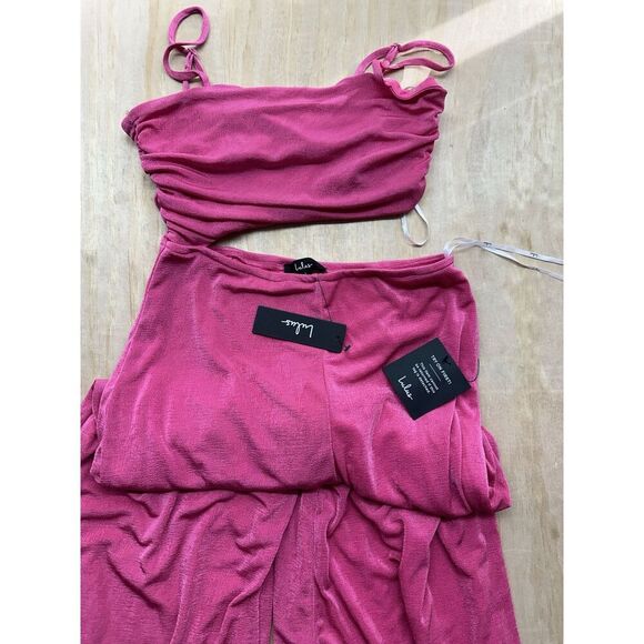 LULU’s Dream Plans Hot Pink Bralette Cutout Jumpsuit Sz L Wide Leg Disco NWTs - Picture 3 of 6